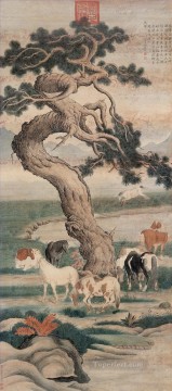 馬 Painting - 古い墨の木の下で輝くラング 8 頭の馬 ジュゼッペ・カスティリオーネ